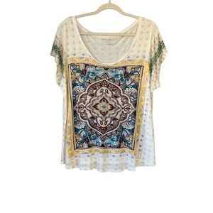 Lucky Brand Womens 1X Tunic Top Short Sleeve Medallion Print Boho‎ Casual